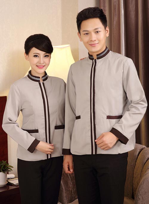 杏色男、女式長(zhǎng)袖保潔工作服定做款式