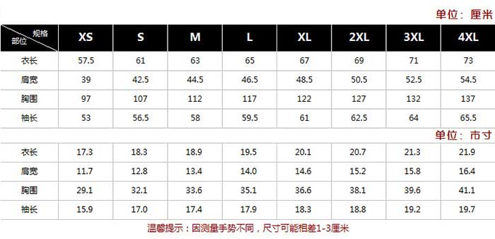 長(zhǎng)袖勞保工作服訂做之上衣尺寸表