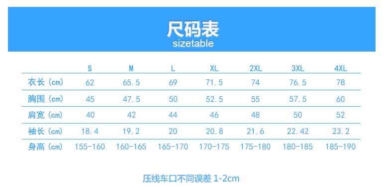 1898號時尚翻領短袖POLO衫定做批發(fā)之男款成品尺寸圖表